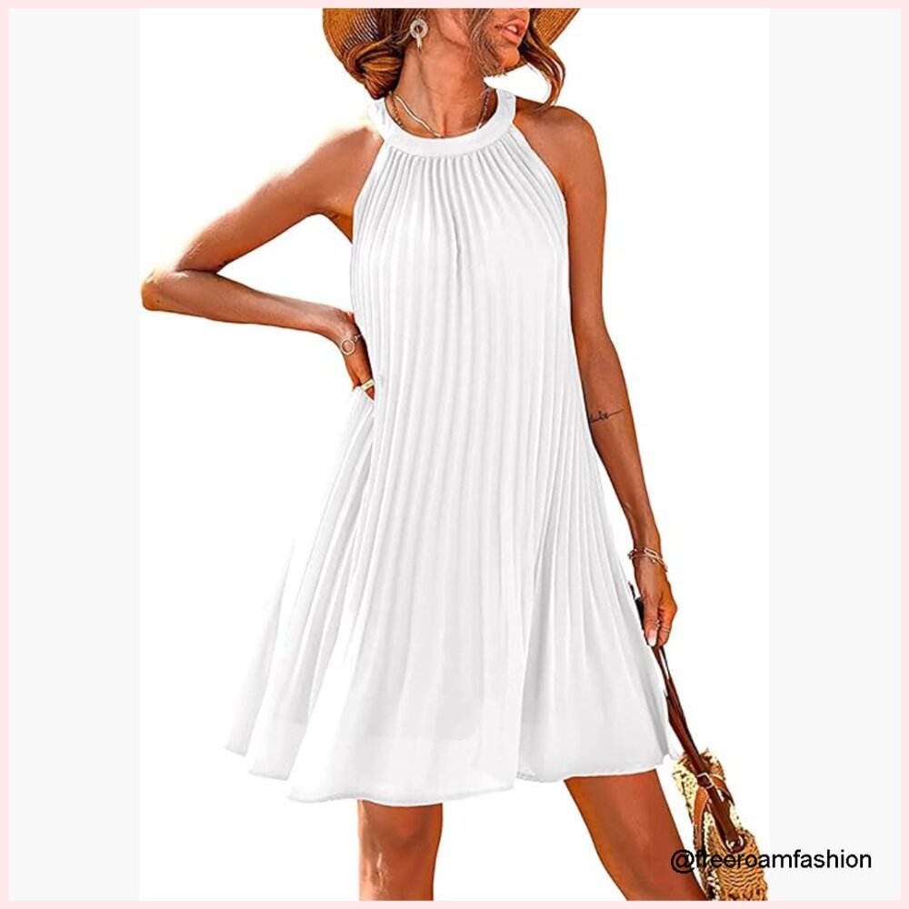 Halter Neck Mini Dress Pleated Flowy Chiffon Casual Summer Beach Sundress